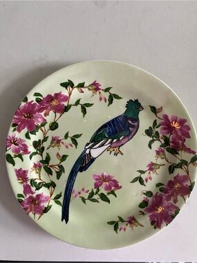 Anthropologie Green Plate with Pink Floral and Multicolor Bird